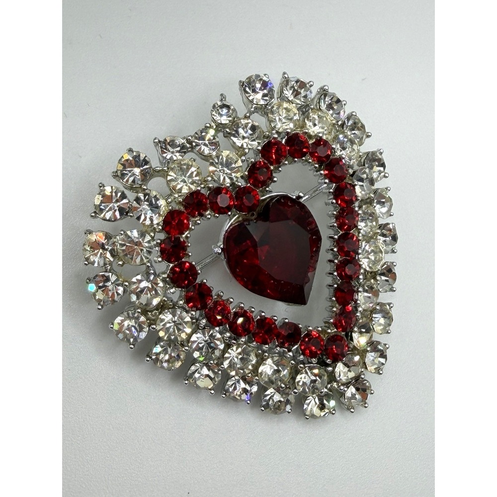 Weiss Rhinestone Heart Brooch Red Clear Crystal Silver Tone Large Vintage Pin